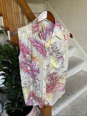 CAbi 100% Silk Feather-Print Sleeveless Blouse in Cream, Pink & Teal